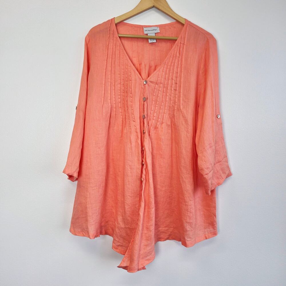 Soft Surroundings Coral 100% Linen Long Sleeve Tunic Top XL Lagenlook Boho
